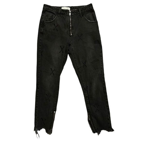 ONE TEASPOON Black X Embroidered Zipper Hem Ankle Jeans 24 - Picture 1 of 15
